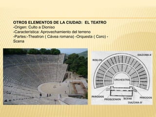 OTROS ELEMENTOS DE LA CIUDAD: EL TEATRO
-Origen: Culto a Dioniso
-Característica: Aprovechamiento del terreno
-Partes:-Theatron ( Cávea romana) -Orquesta ( Coro) -
Scena
 