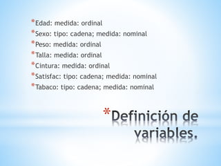 *
*Edad: medida: ordinal
*Sexo: tipo: cadena; medida: nominal
*Peso: medida: ordinal
*Talla: medida: ordinal
*Cintura: medida: ordinal
*Satisfac: tipo: cadena; medida: nominal
*Tabaco: tipo: cadena; medida: nominal
 