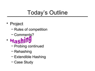 Today’s Outline
• Project
– Rules of competition
– Comments?
•
– Probing continued
– Rehashing
– Extendible Hashing
– Case Study
 