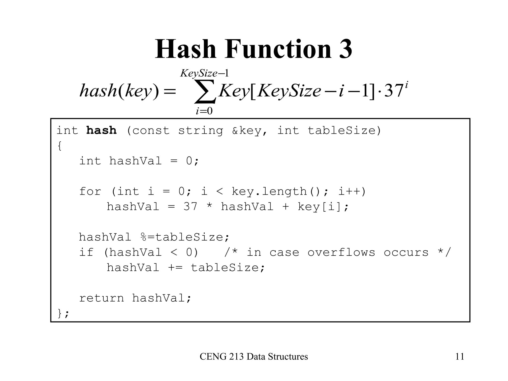 CENG 213 Data Structures 11
Hash Function 3
int hash (const string &key, int tableSize)
{
int hashVal = 0;
for (int i = 0; i < key.length(); i++)
hashVal = 37 * hashVal + key[i];
hashVal %=tableSize;
if (hashVal < 0) /* in case overflows occurs */
hashVal += tableSize;
return hashVal;
};
∑
−
=
⋅−−=
1
0
37]1[)(
KeySize
i
i
iKeySizeKeykeyhash
 