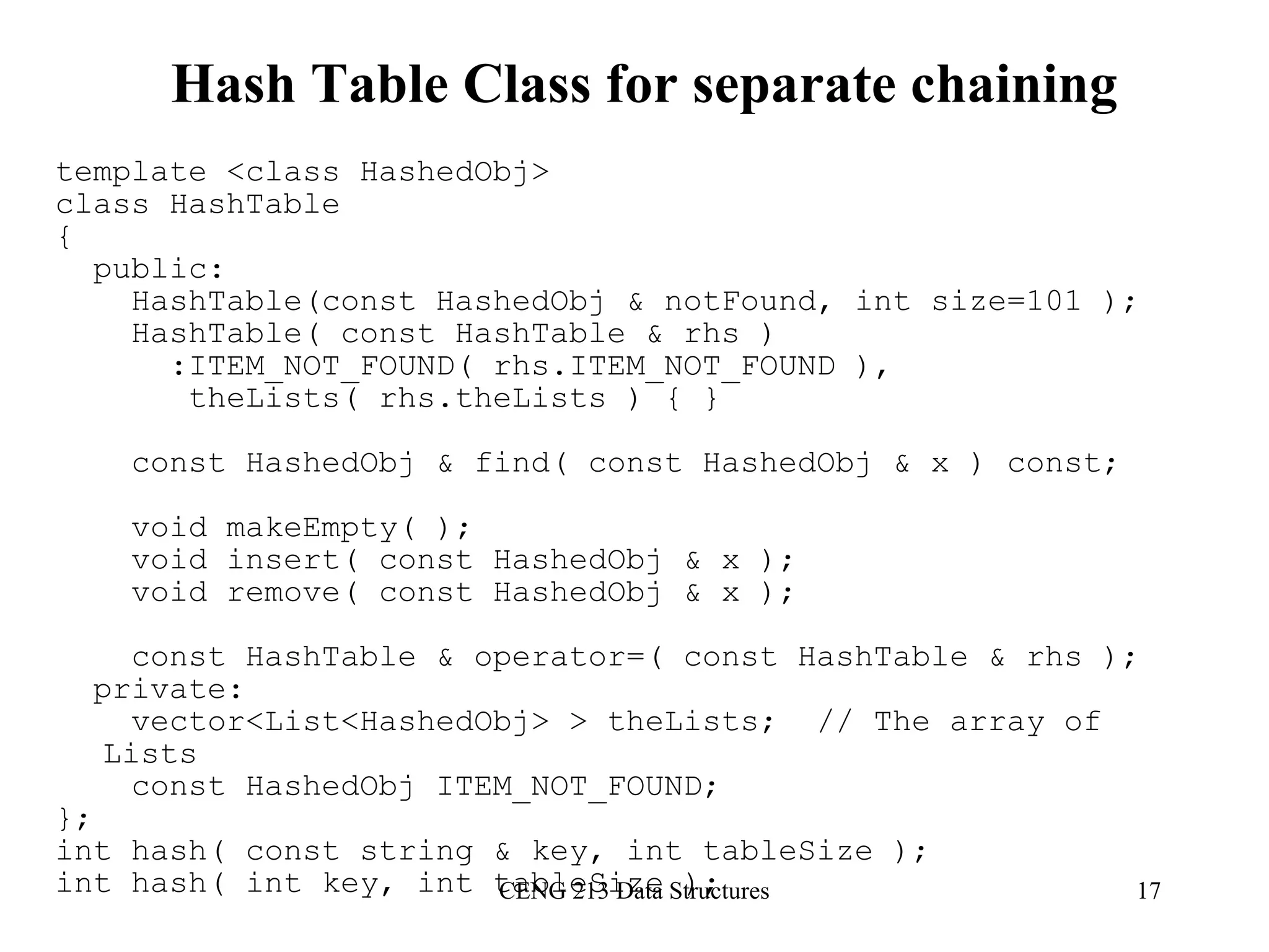 CENG 213 Data Structures 17
Hash Table Class for separate chaining
template <class HashedObj>
class HashTable
{
public:
HashTable(const HashedObj & notFound, int size=101 );
HashTable( const HashTable & rhs )
:ITEM_NOT_FOUND( rhs.ITEM_NOT_FOUND ),
theLists( rhs.theLists ) { }
const HashedObj & find( const HashedObj & x ) const;
void makeEmpty( );
void insert( const HashedObj & x );
void remove( const HashedObj & x );
const HashTable & operator=( const HashTable & rhs );
private:
vector<List<HashedObj> > theLists; // The array of
Lists
const HashedObj ITEM_NOT_FOUND;
};
int hash( const string & key, int tableSize );
int hash( int key, int tableSize );
 