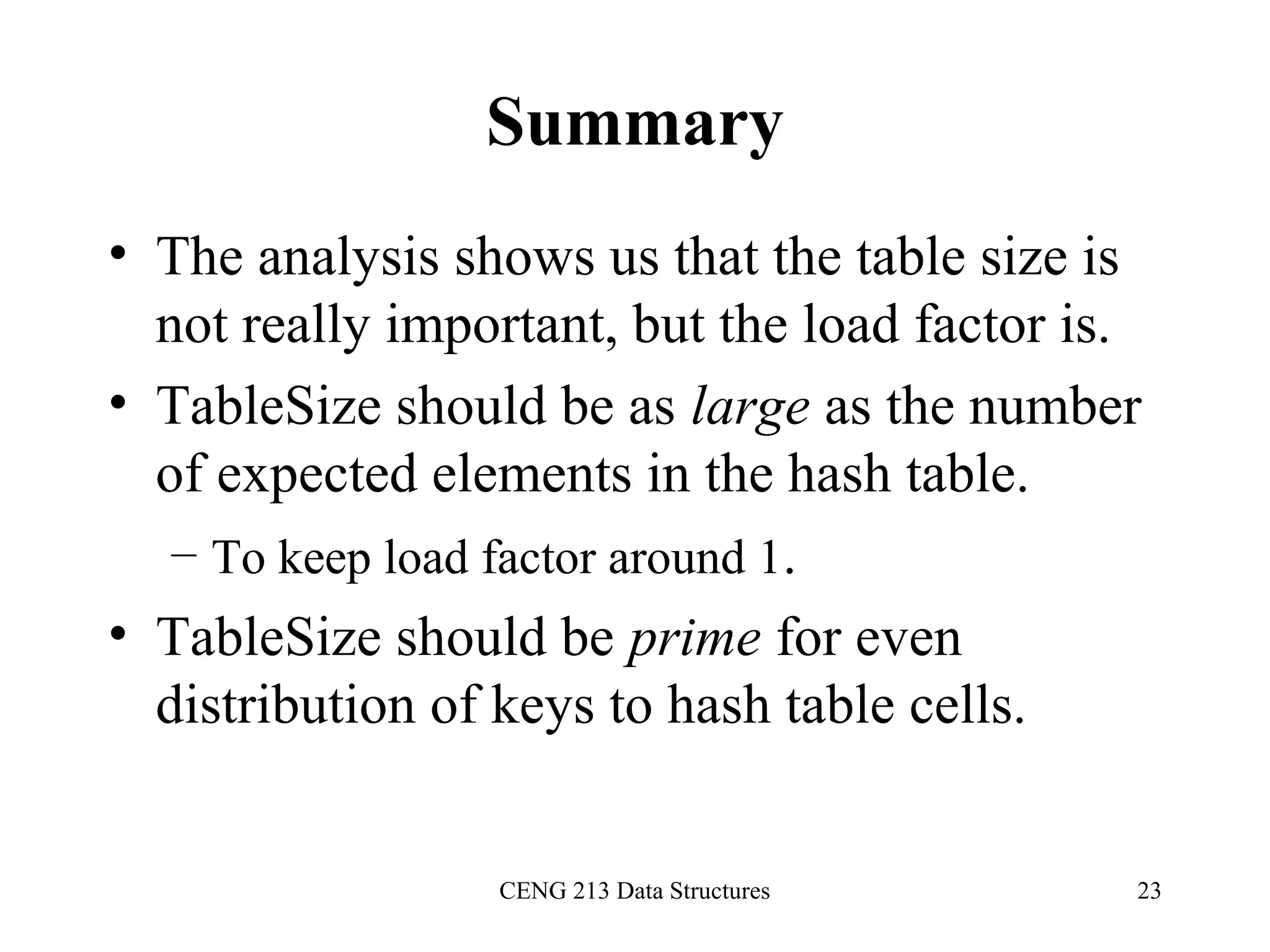 CENG 213 Data Structures 23
Summary
• The analysis shows us that the table size is
not really important, but the load factor is.
• TableSize should be as large as the number
of expected elements in the hash table.
– To keep load factor around 1.
• TableSize should be prime for even
distribution of keys to hash table cells.
 