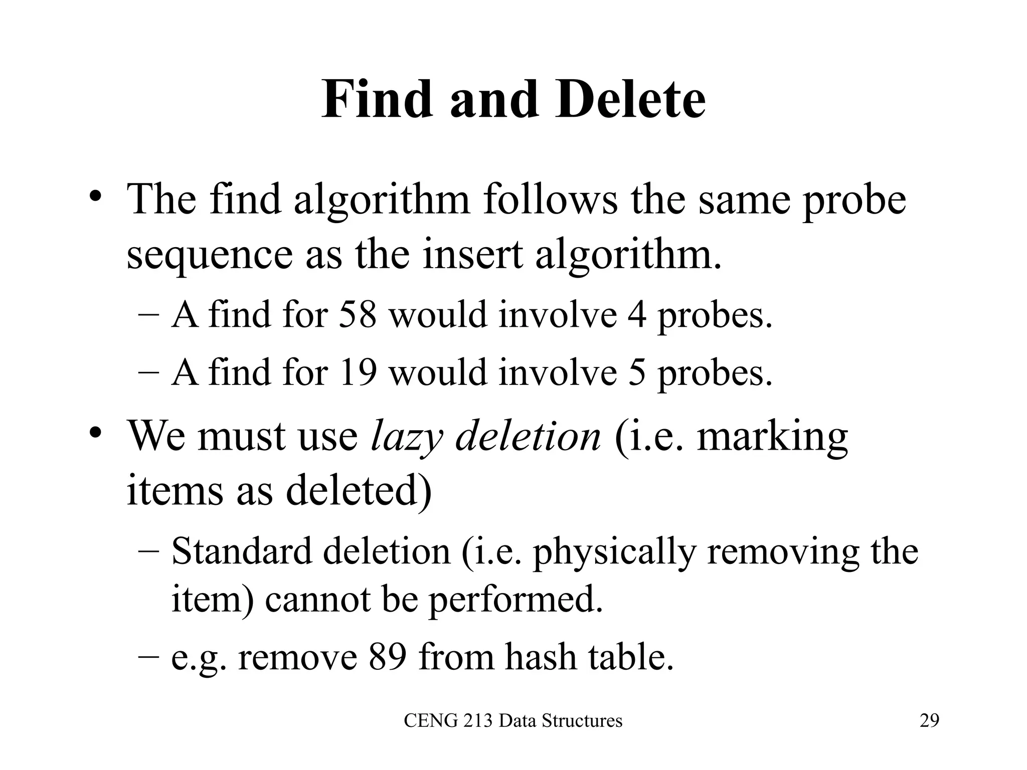 CENG 213 Data Structures 29
Find and Delete
• The find algorithm follows the same probe
sequence as the insert algorithm.
– A find for 58 would involve 4 probes.
– A find for 19 would involve 5 probes.
• We must use lazy deletion (i.e. marking
items as deleted)
– Standard deletion (i.e. physically removing the
item) cannot be performed.
– e.g. remove 89 from hash table.
 