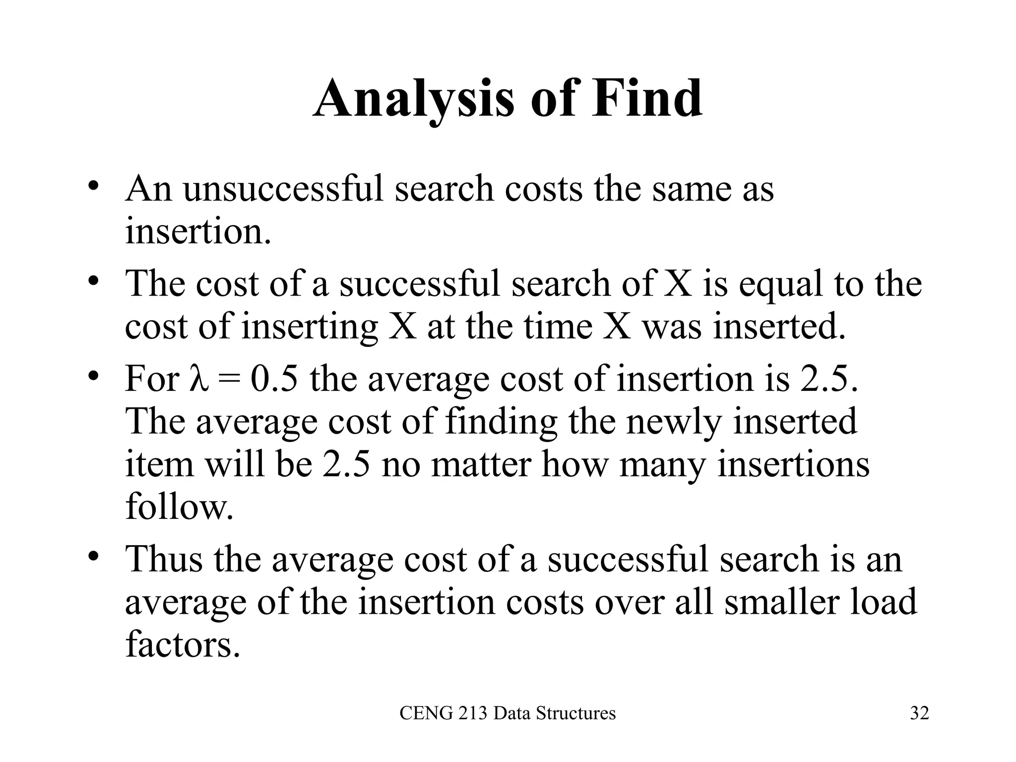 CENG 213 Data Structures 32
Analysis of Find
• An unsuccessful search costs the same as
insertion.
• The cost of a successful search of X is equal to the
cost of inserting X at the time X was inserted.
• For λ = 0.5 the average cost of insertion is 2.5.
The average cost of finding the newly inserted
item will be 2.5 no matter how many insertions
follow.
• Thus the average cost of a successful search is an
average of the insertion costs over all smaller load
factors.
 