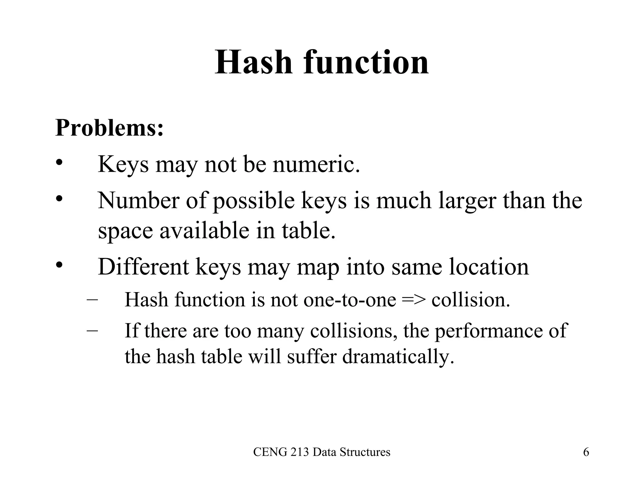 CENG 213 Data Structures 6
Hash function
Problems:
• Keys may not be numeric.
• Number of possible keys is much larger than the
space available in table.
• Different keys may map into same location
– Hash function is not one-to-one => collision.
– If there are too many collisions, the performance of
the hash table will suffer dramatically.
 