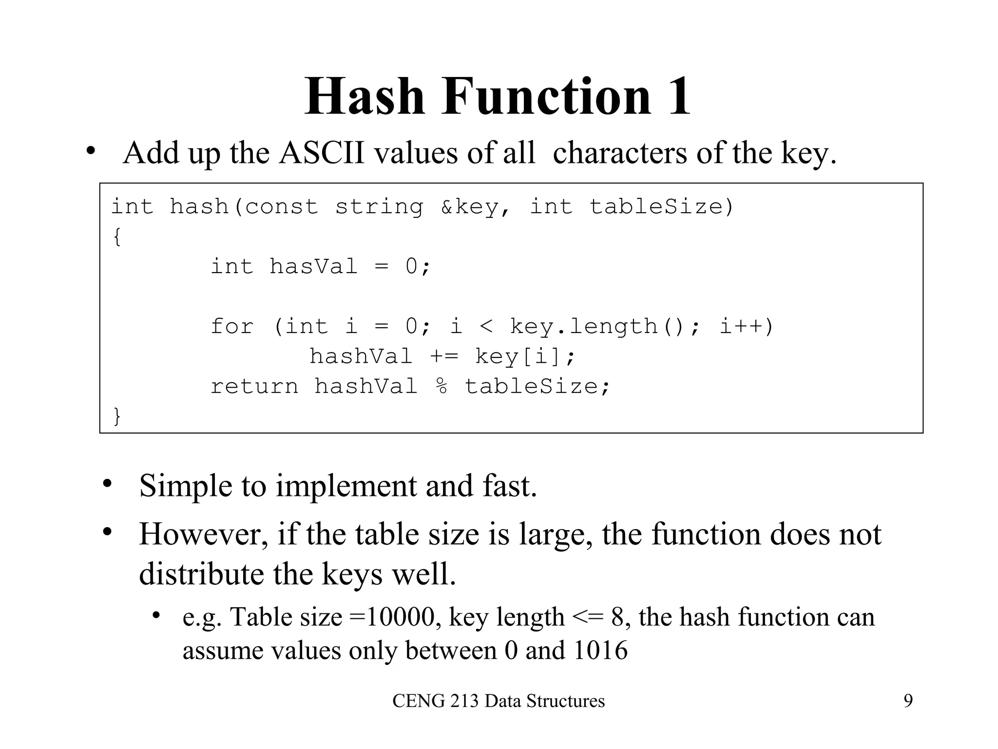 CENG 213 Data Structures 9
Hash Function 1
• Add up the ASCII values of all characters of the key.
int hash(const string &key, int tableSize)
{
int hasVal = 0;
for (int i = 0; i < key.length(); i++)
hashVal += key[i];
return hashVal % tableSize;
}
• Simple to implement and fast.
• However, if the table size is large, the function does not
distribute the keys well.
• e.g. Table size =10000, key length <= 8, the hash function can
assume values only between 0 and 1016
 