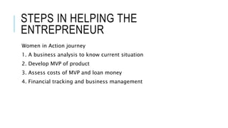 STEPS IN HELPING THE
ENTREPRENEUR
Women in Action journey
1. A business analysis to know current situation
2. Develop MVP of product
3. Assess costs of MVP and loan money
4. Financial tracking and business management
 