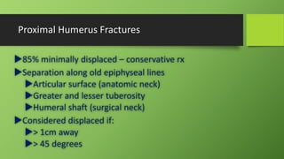 Proximal Humerus Fractures
85% minimally displaced – conservative rx
Separation along old epiphyseal lines
Articular surface (anatomic neck)
Greater and lesser tuberosity
Humeral shaft (surgical neck)
Considered displaced if:
> 1cm away
> 45 degrees
 