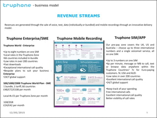 12/05/2015 3
- business model
REVENUE STREAMS
Revenues are generated through the sale of voice, text, data (individually or bundled) and mobile recordings through an innovative delivery
model.
Truphone Enterprise/SME
Truphone World - Enterprise
•Up to eight numbers on one SIM
•Local rates in the Truphone Zone
•66 countries included in-bundle
•Low rates in over 200 countries
•Fast downloads
•Exceptional international call quality
•Bespoke plans to suit your business -
Enterprise
•24/7 global support
500/1000/2000 Truphone World Plan - SME
1 bundle, 1 tariff, 66 countries
£48/£72/£108 per month
Local #s £5 per Truphone Zone per month
1GB/2GB
£24/£42 per month
Truphone SIM/APP
Our pre-pay zone covers the UK, US and
Australia – choose up to three international
numbers and a single voicemail service, all
on one SIM.
•Up to 3 numbers on one SIM
•6p per minute, message or MB to call, text
or browse data anywhere within the
Truphone Countries1. 7c for Euro-paying
customers. 9c USA and AUD.
•Low rates in over 200 countries
•Excellent international call quality
•24/7 global support
•Keep track of your spending
Free international calls
Excellent international call quality
Better visibility of call rates
Truphone Mobile Recording
 