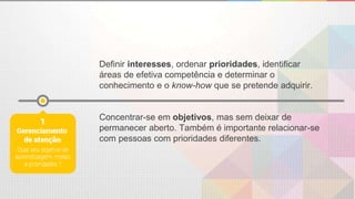 Definir interesses, ordenar prioridades, identificar
áreas de efetiva competência e determinar o
conhecimento e o know-how que se pretende adquirir.
Concentrar-se em objetivos, mas sem deixar de
permanecer aberto. Também é importante relacionar-se
com pessoas com prioridades diferentes.
 