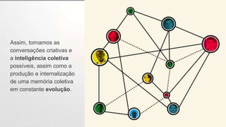 Assim, tornamos as
conversações criativas e
a inteligência coletiva
possíveis, assim como a
produção e internalização
de uma memória coletiva
em constante evolução.
 