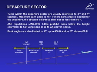 DEPARTURE SECTOR
Turns within the departure sector are usually restricted to 2nd
and 4th
segment. Maximum bank angle is 15º; if more bank angle is needed for
the departure, the obstacle clearance shall not be less than 50 ft.
JAR regulations (JAR-OPS 1.495) prohibit turns below the height
equivalent to half wing span or 50 ft, whichever is less.
Bank angles are also limited to 15º up to 400 ft and to 25º above 400 ft.
Half
wingspan
150 ft
AGL
400 ft
AGL
Turns
prohibited
No SID turns
required
Bank limit
15º
Bank limit
25º