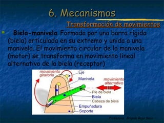 Profesora: Brígida Rojo Seco
 Biela-manivela Formada por una barra rígida
(biela) articulada en su extremo y unida a una
manivela. El movimiento circular de la manivela
(motor) se transforma en movimiento lineal
alternativo de la biela (receptor)
6. Mecanismos6. Mecanismos
Transformación de movimientosTransformación de movimientos
 