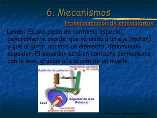 Profesora: Brígida Rojo Seco
Levas: Es una pieza de contorno especial,
generalmente ovoide, que va unida a un eje (motor)
y que al girar, acciona un elemento, denominado
seguidor. El seguidor está en contacto permanente
con la leva, gracias a la acción de un muelle.
6. Mecanismos6. Mecanismos
Transformación de movimientosTransformación de movimientos
 