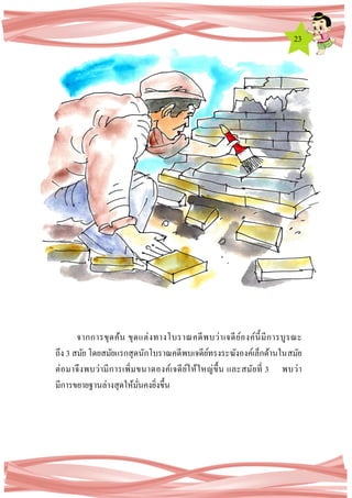 23
จากการขุดค้น ขุดแต่งทางโบราณคดีพบว่าเจดีย์องค์นี้มีการบูรณะ
ถึง 3 สมัย โดยสมัยแรกสุดนักโบราณคดีพบเจดีย์ทรงระฆังองค์เล็กด้านในสมัย
ต่อมาจึงพบว่ามีการเพิ่มขนาดองค์เจดีย์ให้ใหญ่ขึ้น และสมัยที่ 3 พบว่า
มีการขยายฐานล่างสุดให้มั่นคงยิ่งขึ้น
 