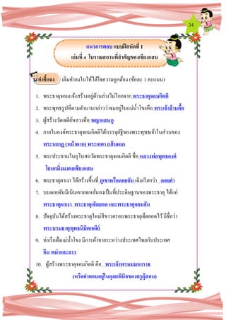 34
แนวการตอบ แบบฝึกหัดที่ 1
เล่มที่ 4 โบราณสถานที่สาคัญของเชียงแสน
เติมคาลงในให้ได้ใจความถูกต้อง (ข้อละ 1 คะแนน)
1. พระธาตุจอมแจ้งสร้างอยู่ด้านล่างไม่ไกลจาก พระธาตุจอมกิตติ
2. พระพุทธรูปที่ตามตานานกล่าวว่าจมอยู่ในแม่น้าโขงคือ พระเจ้าล้านตื้อ
3. ผู้สร้างวัดเจดีย์หลวงคือ พญาแสนภู
4. ภายในองค์พระธาตุจอมกิตติได้บรรจุอัฐิของพระพุทธเจ้าในส่วนของ
พระนลาฏ (หน้าผาก) พระเกศา (เส้นผม)
5. พระประธานในอุโบสถวัดพระธาตุจอมกิตติ ชื่อ หลวงพ่อพุทธองค์
โยนกมิ่งมงคลเชียงแสน
6. พระธาตุผาเงา ได้สร้างขึ้นที่ ภูเขาหรือดอยจัน เดิมเรียกว่า ดอยคา
7. บนดอยจันมีเนินเขาลดหลั่นลงเป็นที่ประดิษฐานของพระธาตุ ได้แก่
พระธาตุผาเงา พระธาตุเจ็ดยอด และพระธาตุจอมจัน
8. ปัจจุบันได้สร้างพระธาตุใหม่สีขาวครอบพระธาตุเจ็ดยอดไว้มีชื่อว่า
พระบรมธาตุพุทธนิมิตเจดีย์
9. ท่าเรือฝั่งแม่น้าโขง มีการค้าขายระหว่างประเทศไทยกับประเทศ
จีน พม่าและลาว
10. ผู้สร้างพระธาตุจอมกิตติ คือ พระเจ้าพรหมมหาราช
(หรือคาตอบอยู่ในดุลยพินิจของครูผู้สอน)
คาชี้แจง
 