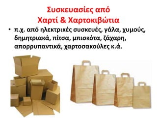 Συσκευασίες από
Χαρτί & Χαρτοκιβώτια
• π.χ. από ηλεκτρικές συσκευές, γάλα, χυμούς,
δημητριακά, πίτσα, μπισκότα, ζάχαρη,
απορρυπαντικά, χαρτοσακούλες κ.ά.
 