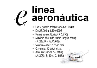 línea
aeronáutica
Presupuesto total disponible: €94M
De 25.000 a 1.500.000€
Prime tramo: Euribor + 3,75%Prime tramo: Euribor + 3,75%
Máximo segundo tramo, según rating
(A: 2%; B: 4%; C: 6%)
Vencimiento: 12 años máx.
Carencia: 10 años máx.
Aval en función del rating
(A: 30%; B: 40%; C: 50%)
 