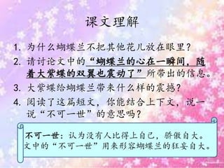 课文理解
1. 为什么蝴蝶兰不把其他花儿放在眼里？
2. 请讨论文中的“蝴蝶兰的心在一瞬间，随
着大紫蝶的双翼也震动了”所带出的信息。
3. 大紫蝶给蝴蝶兰带来什么样的震撼？
4. 阅读了这篇短文，你能结合上下文，说一
说“不可一世”的意思吗？
不可一世：认为没有人比得上自己，骄傲自大。
文中的“不可一世”用来形容蝴蝶兰的狂妄自大。
 