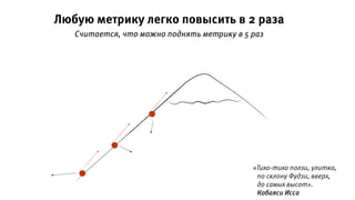 Любую метрику легко повысить в 2 раза
Считается, что можно поднять метрику в 5 раз
«Тихо-тихо ползи, улитка,
по склону Фудзи, вверх,
до самых высот».
Кобаяси Исса
 