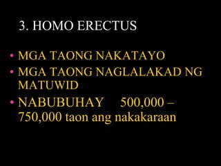 3. HOMO ERECTUS
• MGA TAONG NAKATAYO
• MGA TAONG NAGLALAKAD NG
MATUWID
• NABUBUHAY 500,000 –
750,000 taon ang nakakaraan
 