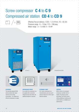 18 BOGE AIR. THE AIR TO WORK.
C9 and CD4 to CD9
Effective free air delivery: 0.28 – 1.2 m³/min, 10 – 42 cfm
Pressure range: 8 – 13 bar, 115 – 190 psig
Motor range: 3 – 7,5 kW, 4 – 10 HP
REFRIGERANT DRYER
As an option the compressor can
be supplied with a horizontal
refrigerant dryer (CD series). No
additional footprint is required.
EFFICIENCY
The specially designed BOGE
airend provides high output
volumes at low energy
consumption – for reliable and
efﬁcient compressed air supply.
CONTROL
BASIC control is the standard
compressor controller with LC
display and pressure sensor
technology. The FOCUS control,
offering additional monitoring and
control options, is available as an
optional extra.
EXTREMELY QUIET
All C series compressors are
characterised by very low sound
pressure levels due to their super-
silenced cabinets.
C4 to C7
Screw compressor C 4 to C 9
Compressed air station CD 4 to CD 9
 