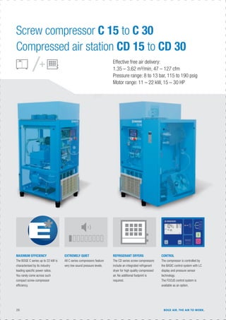 Screw compressor C 15 to C 30
Compressed air station CD 15 to CD 30
EXTREMELY QUIET
All C series compressors feature
very low sound pressure levels.
MAXIMUM EFFICIENCY
The BOGE C series up to 22 kW is
characterised by its industry
leading speciﬁc power ratios.
You rarely come across such
compact screw compressor
efﬁciency.
CONTROL
The compressor is controlled by
the BASIC control system with LC
display and pressure sensor
technology.
The FOCUS control system is
available as an option.
REFRIGERANT DRYERS
The CD series screw compressors
include an integrated refrigerant
dryer for high quality compressed
air. No additional footprint is
required.
Effective free air delivery:
1.35 – 3.62 m³/min, 47 – 127 cfm
Pressure range: 8 to 13 bar, 115 to 190 psig
Motor range: 11 – 22 kW, 15 – 30 HP
26 BOGE AIR. THE AIR TO WORK.
 