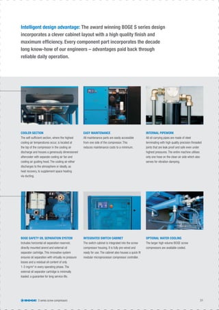 S series screw compressors 31
Intelligent design advantage: The award winning BOGE S series design
incorporates a clever cabinet layout with a high quality ﬁnish and
maximum efﬁciency. Every component part incorporates the decade
long know-how of our engineers – advantages paid back through
reliable daily operation.
EASY MAINTENANCE
All maintenance parts are easily accessible
from one side of the compressor. This
reduces maintenance costs to a minimum.
INTEGRATED SWITCH CABINET
The switch cabinet is integrated into the screw
compressor housing. It is fully pre-wired and
ready for use. The cabinet also houses a quick ﬁt
modular microprocessor compressor controller.
INTERNAL PIPEWORK
All oil carrying pipes are made of steel
terminating with high quality precision threaded
joints that are leak proof and safe even under
highest pressures. The entire machine utilises
only one hose on the clean air side which also
serves for vibration damping.
OPTIONAL WATER COOLING
The larger high volume BOGE screw
compressors are available cooled.
COOLER SECTION
The self-sufﬁcient section, where the highest
cooling air temperatures occur, is located at
the top of the compressor in the cooling air
discharge and houses a generously dimensioned
aftercooler with separate cooling air fan and
cooling air guiding hood. The cooling air either
discharges to the atmosphere or ideally, as
heat recovery, to supplement space heating
via ducting.
BOGE SAFETY OIL SEPARATION SYSTEM
Includes horizontal oil separation reservoir,
directly mounted airend and external oil
separator cartridge. This innovative system
ensures oil separation with virtually no pressure
losses and a residual oil content of only
1-3 mg/m3
in every operating phase. The
external oil separator cartridge is minimally
loaded: a guarantee for long service life.
 