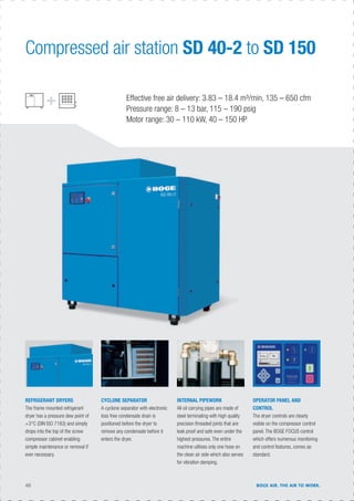 40 BOGE AIR. THE AIR TO WORK.
Effective free air delivery: 3.83 – 18.4 m³/min, 135 – 650 cfm
Pressure range: 8 – 13 bar, 115 – 190 psig
Motor range: 30 – 110 kW, 40 – 150 HP
CYCLONE SEPARATOR
A cyclone separator with electronic
loss free condensate drain is
positioned before the dryer to
remove any condensate before it
enters the dryer.
REFRIGERANT DRYERS
The frame mounted refrigerant
dryer has a pressure dew point of
+3°C (DIN ISO 7183) and simply
drops into the top of the screw
compressor cabinet enabling
simple maintenance or removal if
ever necessary.
OPERATOR PANEL AND
CONTROL
The dryer controls are clearly
visible on the compressor control
panel. The BOGE FOCUS control
which offers numerous monitoring
and control features, comes as
standard.
INTERNAL PIPEWORK
All oil carrying pipes are made of
steel terminating with high quality
precision threaded joints that are
leak proof and safe even under the
highest pressures. The entire
machine utilises only one hose on
the clean air side which also serves
for vibration damping.
Compressed air station SD 40-2 to SD 150
 