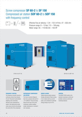 46 BOGE AIR. THE AIR TO WORK.
Effective free air delivery: 1.34 – 18.4 m³/min, 47 – 650 cfm
Pressure range: 8 – 13 bar, 115 – 190 psig
Motor range: 45 – 110 kW, 60 – 150 HP
REFRIGERANT COMPRESSED
AIR DRYERS
The frame mounted refrigerant
dryer has a pressure dew point of
+3°C (DIN ISO 7183) and simply
drops into the top of the screw
compressor cabinet enabling
simple maintenance or removal if
ever necessary.
FREQUENCY CONTROL
The frequency converter ensures a
continuous volume ﬂow between
25 and 100 percent automatically
adapting to the momentary
demand of the compressed air
system. Soft starting also avoids
undue wear and tear and prolongs
the service life of the compressor.
CONTROL
The BOGE FOCUS control is the
standard compressor control and
provides numerous control and
monitoring features.
ENERGY SAVING
Tighter/reduced system pressure
virtually eliminates off load running,
in turn reduces start-up current
peaks, and contributes to potential
energy savings of up to 40 %
Screw compressor SF 60-2 to SF 150
Compressed air station SDF 60-2 to SDF 150
with frequency control
SF 60-2 to SF 150 SDF 60-2 to SDF 150
 