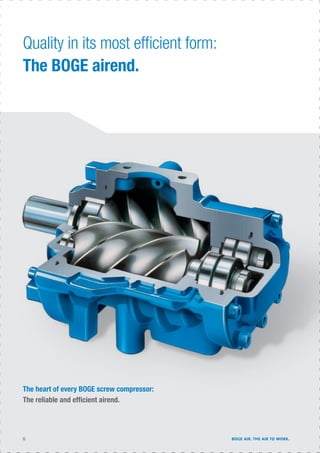 6 BOGE AIR. THE AIR TO WORK.
Quality in its most efﬁcient form:
The BOGE airend.
The heart of every BOGE screw compressor:
The reliable and efﬁcient airend.
 