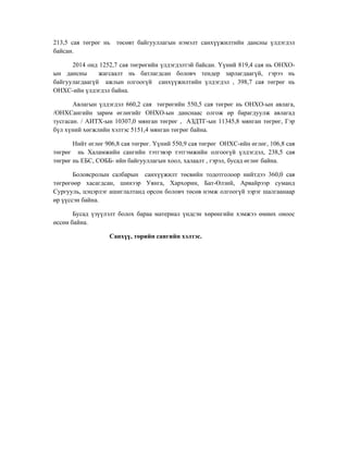 213,5 сая төгрөг нь төсөвт байгууллагын нэмэлт санхүүжилтийн дансны үлдэгдэл
байсан.
2014 онд 1252,7 сая төгрөгийн үлдэгдэлтэй байсан. Үүний 819,4 сая нь ОНХО-
ын дансны жагсаалт нь батлагдсан боловч тендер зарлагдаагүй, гэрээ нь
байгуулагдаагүй ажлын олгоогүй санхүүжилтийн үлдэгдэл , 398,7 сая төгрөг нь
ОНХС-ийн үлдэгдэл байна.
Авлагын үлдэгдэл 660,2 сая төгрөгийн 550,5 сая төгрөг нь ОНХО-ын авлага,
/ОНХСангийн зарим өглөгийг ОНХО-ын данснаас олгож өр барагдуулж авлагад
тусгасан. / АИТХ-ын 10307,0 мянган төгрөг , АЗДТГ-ын 11345,8 мянган төгрөг, Гэр
бүл хүний хөгжлийн хэлтэс 5151,4 мянган төгрөг байна.
Нийт өглөг 906,8 сая төгрөг. Үүний 550,9 сая төгрөг ОНХС-ийн өглөг, 106,8 сая
төгрөг нь Халамжийн сангийн тэтгэвэр тэтгэмжийн олгоогүй үлдэгдэл, 238,5 сая
төгрөг нь ЕБС, СӨББ- ийн байгууллагын хоол, халаалт , гэрэл, бусад өглөг байна.
Боловсролын салбарын санхүүжилт төсвийн тодотголоор нийтдээ 360,0 сая
төгрөгөөр хасагдсан, шинээр Уянга, Хархорин, Бат-Өлзий, Арвайрээр суманд
Сургууль, цэцэрлэг ашиглалтанд орсон боловч төсөв нэмж олгоогүй зэрэг шалгаанаар
өр үүссэн байна.
Бусад үзүүлэлт болох бараа материал үндсэн хөрөнгийн хэмжээ өмнөх оноос
өссөн байна.
Санхүү, төрийн сангийн хэлтэс.
 