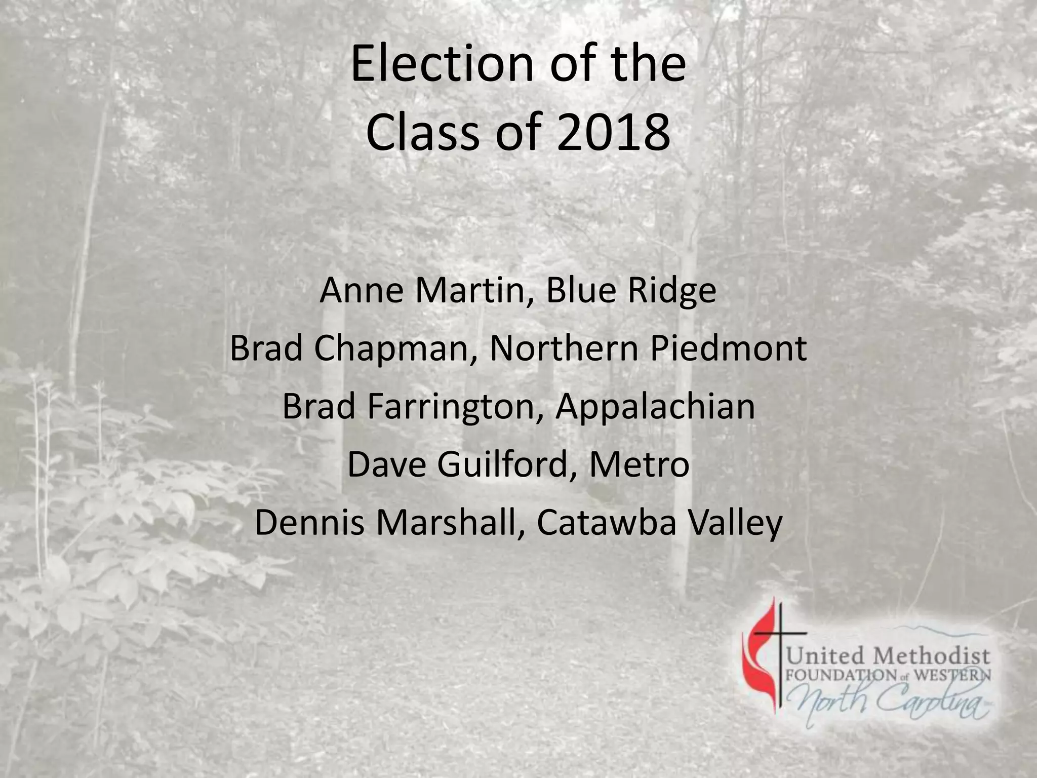 Election of the
Class of 2018
Anne Martin, Blue Ridge
Brad Chapman, Northern Piedmont
Brad Farrington, Appalachian
Dave Guilford, Metro
Dennis Marshall, Catawba Valley