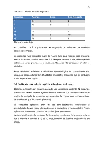 71
Tabela: 3 – Análise do teste diagnóstico
Questões Acertos Erros Sem Resposta
1 64 3 2
2 10 57 2
3
a) 66 3 0
b) 53 6 10
c) 56 7 6
Elaborado pelo: Autor
As questões 1 e 2 enquadram-se no surgimento de problemas que envolvem
equações do 1º grau.
As respostas mais frequentes foram de “ como fazer para resolver esse problema.
Outros tinham dificuldades saber qual é a incógnita, também houve alunos que não
sabiam aplicar os princípios de equivalência. Os alunos não conseguem articular os
símbolos.
Estes resultados enfatizam a dificuldade epistemológica do conhecimento das
equações, pois os alunos têm dificuldades em resolver problemas que os conduzem
a uma equação do 1º grau.
3.3. Analise dos resultados do inquérito aplicado aos professores
Elaborou-se também um inquérito, aplicado aos professores, contendo 12 perguntas
abertas afim inquerir aqueles agentes sobre os materiais que usam nas aulas sobre
ensino de resolução de problemas com equações do 1º grau, seus conhecimentos e
as dificuldades que encontram. (Anexo 1)
As entrevistas aplicadas foram do tipo semi-estruturadas considerando a
possibilidade de uma maior interacção entre o entrevistado e o entrevistador. Foram
aplicadas a professores do ensino secundário (vide em anexos).
Após a identificação do professor, foi levantado o seu tempo de formação e viu-se
que a maioria é formada a (+) de 10 anos, conforme se observa no gráfico nº5 em
anexo.
 