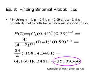 Ex. 6: Finding Binomial Probabilities
• #1--Using n = 4, p = 0.41, q = 0.59 and x =2, the
probability that exactly two women will respond yes is:
35109366.)3481)(.1681(.6
)3481)(.1681(.
4
24
)59.0()41.0(
!2)!24(
!4
)59.0()41.0()2(
242
242
24
=
=
=
−
==
−
−
CP
Calculator or look it up on pg. A10
 