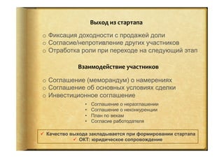 Выход	
  из	
  стартапа	
  
o  Фиксация доходности с продажей доли
o  Согласие/непротивление других участников
o  Отработка роли при переходе на следующий этап
o  Соглашение (меморандум) о намерениях
o  Соглашение об основных условиях сделки
o  Инвестиционное соглашение
•  Соглашение о неразглашении
•  Соглашение о неконкуренции
•  План по вехам
•  Согласие работодателя
Взаимодействие	
  участников	
  
ü  Качество выхода закладывается при формировании стартапа
ü  ОКТ: юридическое сопровождение
 