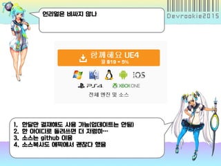 언리얼은 비싸지 않나
1. 한달만 결재해도 사용 가능(업데이트는 안됨)
2. 한 아이디로 돌려쓰면 더 저렴하…
3. 소스는 github 이용
4. 소스복사도 에픽에서 괜찮다 했음
 