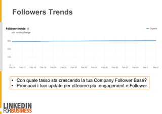 Followers Trends
•  Con quale tasso sta crescendo la tua Company Follower Base?
•  Promuovi i tuoi update per ottenere più engagement e Follower
 