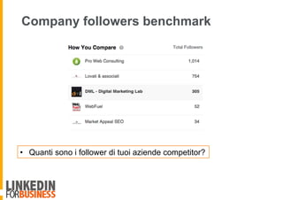 Company followers benchmark
•  Quanti sono i follower di tuoi aziende competitor?
 