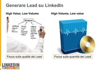 Generare Lead su LinkedIn
High Value, Low Volume High Volume, Low value
Focus sulla qualità dei Lead Focus sulla quantità dei Lead
 