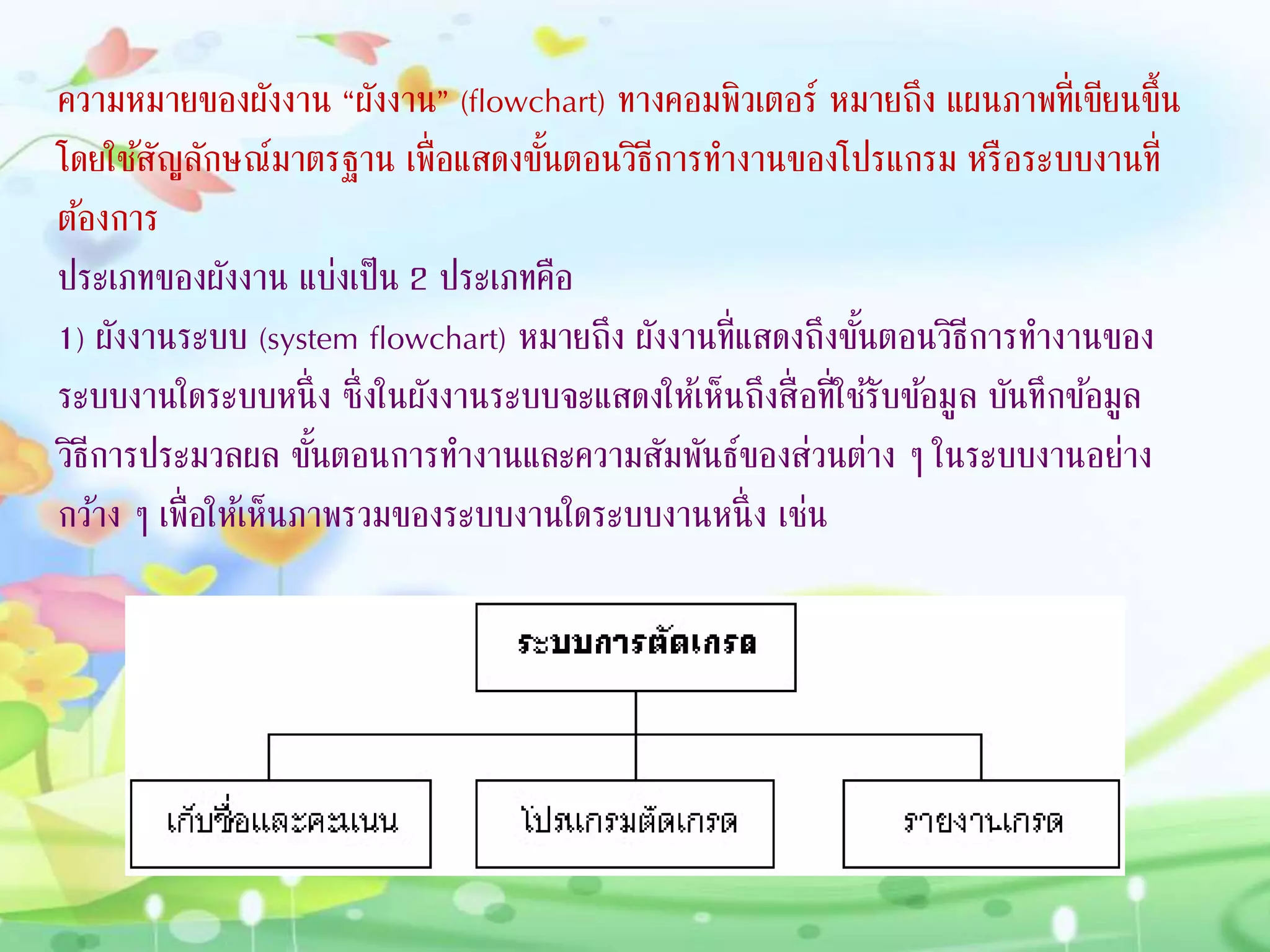 ความหมายของผังงาน “ผังงาน” (flowchart) ทางคอมพิวเตอร์ หมายถึง แผนภาพที่เขียนขึ้น
โดยใช้สัญลักษณ์มาตรฐาน เพื่อแสดงขั้นตอนวิธีการทางานของโปรแกรม หรือระบบงานที่
ต้องการ
ประเภทของผังงาน แบ่งเป็น 2 ประเภทคือ
1) ผังงานระบบ (system flowchart) หมายถึง ผังงานที่แสดงถึงขั้นตอนวิธีการทางานของ
ระบบงานใดระบบหนึ่ง ซึ่งในผังงานระบบจะแสดงให้เห็นถึงสื่อที่ใช้รับข้อมูล บันทึกข้อมูล
วิธีการประมวลผล ขั้นตอนการทางานและความสัมพันธ์ของส่วนต่าง ๆ ในระบบงานอย่าง
กว้าง ๆ เพื่อให้เห็นภาพรวมของระบบงานใดระบบงานหนึ่ง เช่น
 