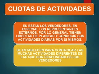 CUOTAS DE ACTIVIDADES
EN ESTAS LOS VENDEDORES, EN
ESPECIAL LOS REPRESENTANTES
EXTERNOS, POR LO GENERAL TIENEN
LIBERTAD DE PLANEAR Y CONDUCIR SUS
ACTIVIDADES DIARIAS POR SI MISMOS.
SE ESTABLECEN PARA CONTROLAR LAS
MUCHAS ACTIVIDADES DIFERENTES DE
LAS QUE SON RESPONSABLES LOS
VENDEDORES
 