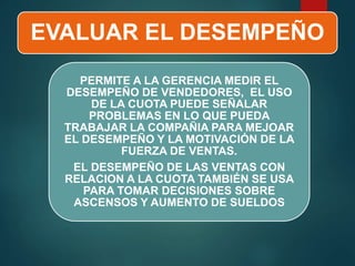EVALUAR EL DESEMPEÑO
PERMITE A LA GERENCIA MEDIR EL
DESEMPEÑO DE VENDEDORES, EL USO
DE LA CUOTA PUEDE SEÑALAR
PROBLEMAS EN LO QUE PUEDA
TRABAJAR LA COMPAÑIA PARA MEJOAR
EL DESEMPEÑO Y LA MOTIVACIÓN DE LA
FUERZA DE VENTAS.
EL DESEMPEÑO DE LAS VENTAS CON
RELACION A LA CUOTA TAMBIÉN SE USA
PARA TOMAR DECISIONES SOBRE
ASCENSOS Y AUMENTO DE SUELDOS
 