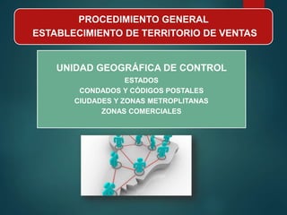 PROCEDIMIENTO GENERAL
ESTABLECIMIENTO DE TERRITORIO DE VENTAS
UNIDAD GEOGRÁFICA DE CONTROL
ESTADOS
CONDADOS Y CÓDIGOS POSTALES
CIUDADES Y ZONAS METROPLITANAS
ZONAS COMERCIALES
 
