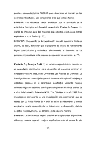15
pruebas psicopedagógicos FORCAB para determinar el dominio de las
destrezas intelectuales. Las conclusiones a las que se llegó fueron:
PRIMERA: Los resultados fueron analizados con la aplicación de la
estadística descriptiva e inferencial, denominada Prueba de Rangos con
signos de Wilconsin para dos muestras dependientes, prueba paramétrica
equivalente a la t – Student (p. 77).
SEGUNDA: El desarrollo de la investigación permitió aceptar la hipótesis
alterna, es decir, demostrar que el programa de juegos de razonamiento
lógico potencializaba y estimulaba efectivamente el desarrollo de los
procesos cognoscitivos en la etapa de las operaciones concretas. (p. 77)
Espinola, C. y Tamayo, C. (2012) en su tesis Juego didácticos basados en
el aprendizaje significativo, para desarrollar el esquema corporal en
niños(as) de cuatro años, en la Universidad Los Ángeles de Chimbote. La
investigación tuvo como objetivo general demostrar si la aplicaciónde juegos
didácticos basados en el aprendizaje significativo utilizando material
concreto mejora el desarrollo del esquema corporal en los niños y niñas de
4 años de la Institución Educativa Nº 1617 de Chimbote en el año 2012. Esta
investigación corresponde a una investigación pre-experimental que se
realizó con 20 niños y niñas de 4 años de edad. El instrumento y técnica
empleados para la recolección de los datos fueron la observación y la lista
de cotejo respectivamente. Se concluyó de la siguiente manera.
PRIMERA: La aplicación de juegos, basados en el aprendizaje significativo,
utilizando material concreto mejora significativamente el desarrollo del
 