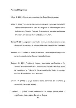47
Fuentes bibliográficas
Alfaro, R. (2004) El juego, una necesidad vital. Cuba: Hispano cubana.
Aliaga, C. (2010) Programa de juegos de razonamiento lógico para estimular las
operaciones concretas en niños de 2do grado de educación primaria de
la Institución Educativa Particular Rosa de Santa María de la ciudad de
Huancayo. Universidad Nacional de Educación, Perú.
Barrios, M. (2011) Juego de mesa didáctico como una estrategia de enseñanza-
aprendizaje de las Leyes de Mendel.Universidad de los Andes, Venezuela.
Bernaben, N. & Goldstein, A. (2009) Creatividad y aprendizaje.- El juego como
herramienta pedagógica. España: Narcea Ediciones.
Calderón, E. (2011) Práctica de juegos y aprendizaje significativos en los
alumnos del nivel primario de la Institución Educativa N° 56106 del distrito
de Yanaoca en la Provincia de Canas de la Región Cusco. Universidad
Nacional de San Antonio Abad del Cusco.
Chacón, P. (2008) El juego didáctico como estrategia de enseñanza y
aprendizaje. Venezuela: Planeta.
Chevallard, Y. (1997) Estudiar matemáticas: el eslabón perdido entre la
enseñanza y el aprendizaje. Barcelona: Barcino
 