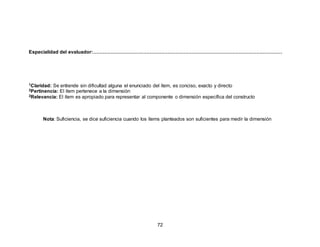 72
Especialidad del evaluador:………………………………………………………………………………………………………
1Claridad: Se entiende sin dificultad alguna el enunciado del ítem, es conciso, exacto y directo
2Pertinencia: El ítem pertenece a la dimensión
2Relevancia: El ítem es apropiado para representar al componente o dimensión específica del constructo
Nota: Suficiencia, se dice suficiencia cuando los ítems planteados son suficientes para medir la dimensión
 