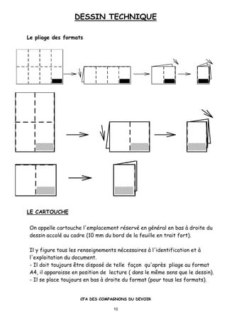 DESSIN TECHNIQUE
CFA DES COMPAGNONS DU DEVOIR
10
Le pliage des formats
LE CARTOUCHE
On appelle cartouche l'emplacement r•serv• en g•n•ral en bas ‚ droite du
dessin accol• au cadre (10 mm du bord de la feuille en trait fort).
Il y figure tous les renseignements n•cessaires ‚ l'identification et ‚
l'exploitation du document.
- Il doit toujours „tre dispos• de telle fa…on qu'aprƒs pliage au format
A4, il apparaisse en position de lecture ( dans le m„me sens que le dessin).
- Il se place toujours en bas ‚ droite du format (pour tous les formats).
 