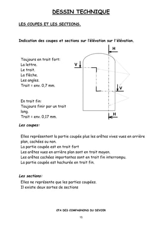 DESSIN TECHNIQUE
CFA DES COMPAGNONS DU DEVOIR
15
LES COUPES ET LES SECTIONS.
Indication des coupes et sections sur l’•l•vation sur l'•l•vation.
Toujours en trait fort:
La lettre.
Le trait.
La flƒche.
Les angles.
Trait = env. 0,7 mm.
En trait fin:
Toujours finir par un trait
long.
Trait = env. 0,17 mm.
Les coupes:
Elles repr•sentent la partie coup•e plus les ar„tes vives vues en arriƒre
plan, cach•es ou non.
La partie coup•e est en trait fort
Les ar„tes vues en arriƒre plan sont en trait moyen.
Les ar„tes cach•es importantes sont en trait fin interrompu.
La partie coup•e est hachur•e en trait fin.
Les sections:
Elles ne repr•sente que les parties coup•es.
Il existe deux sortes de sections
V
V
H
H
 