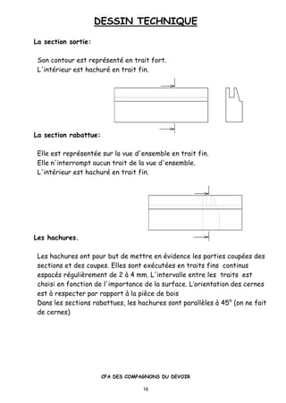 DESSIN TECHNIQUE
CFA DES COMPAGNONS DU DEVOIR
16
La section sortie:
Son contour est repr•sent• en trait fort.
L'int•rieur est hachur• en trait fin.
La section rabattue:
Elle est repr•sent•e sur la vue d'ensemble en trait fin.
Elle n'interrompt aucun trait de la vue d'ensemble.
L'int•rieur est hachur• en trait fin.
Les hachures.
Les hachures ont pour but de mettre en •vidence les parties coup•es des
sections et des coupes. Elles sont ex•cut•es en traits fins continus
espac•s r•guliƒrement de 2 ‚ 4 mm. L'intervalle entre les traits est
choisi en fonction de l'importance de la surface. L’orientation des cernes
est ‚ respecter par rapport ‚ la piƒce de bois
Dans les sections rabattues, les hachures sont parallƒles ‚ 45ˆ (on ne fait
de cernes)
 